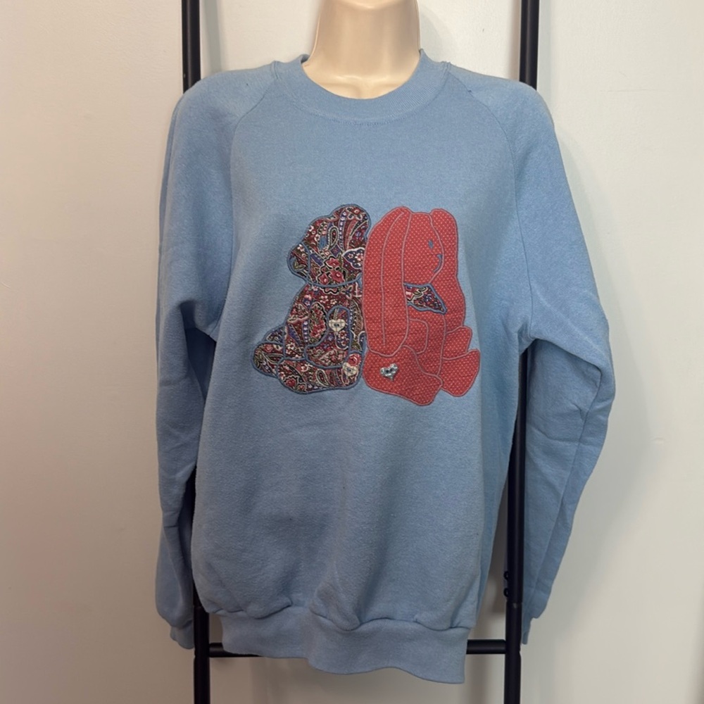 Vintage Jerzees Women’s L Patchwork Sweatshirt Blue Long Sleeve Y2K Festive